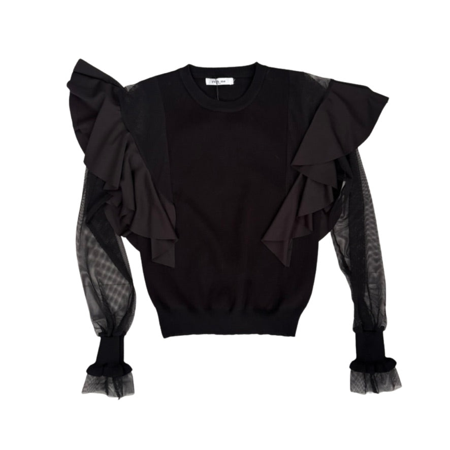 Black sweater with ruffled sleeves on a white background