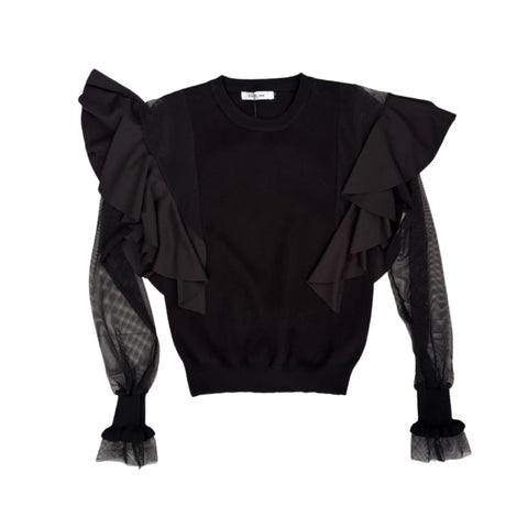 Black sweater with ruffled sleeves on a white background