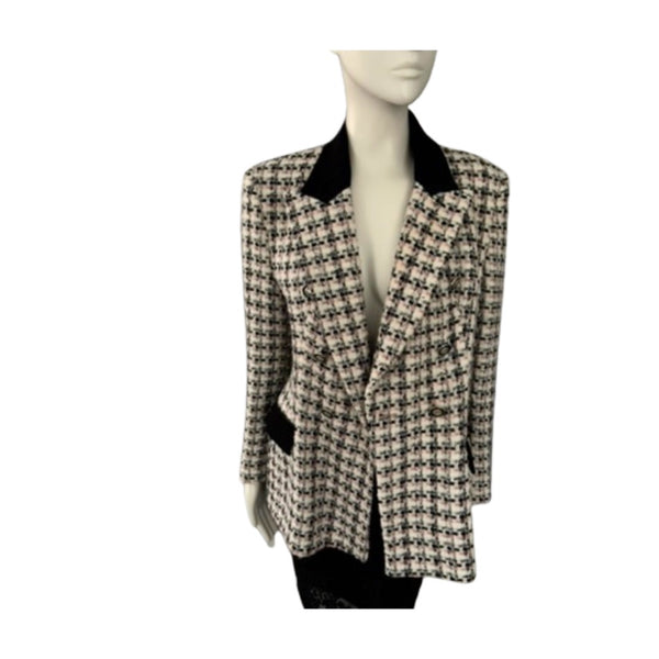 ZARA Tweed Check Double-Breasted Blazer White Black Size XL – Preloved