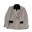 Zara checked tweed double-breasted jacket in cream, black, and blush pink with black velvet lapels and pocket flaps. 