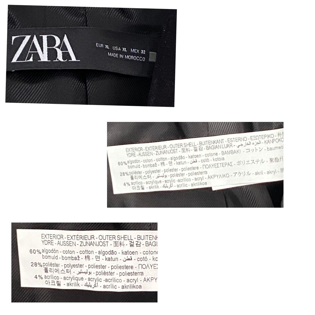 Zara label on a product with text and branding details.