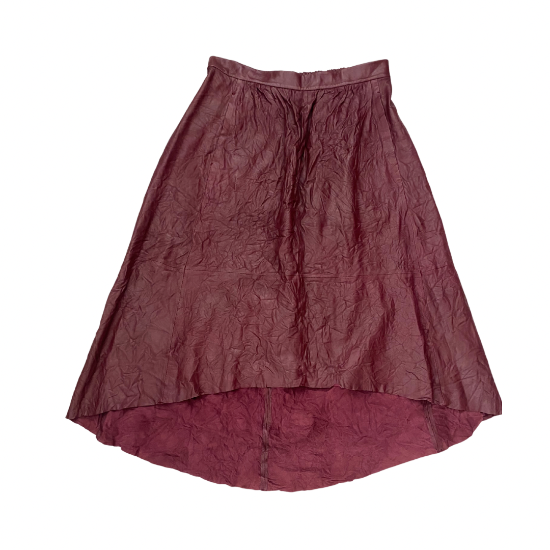 Zadig & Voltaire burgundy leather high-low skirt, size M, new with tags, laid flat.