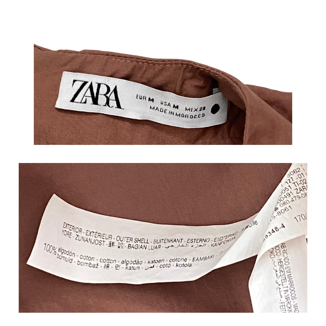 Zara label on a brown garment with additional text