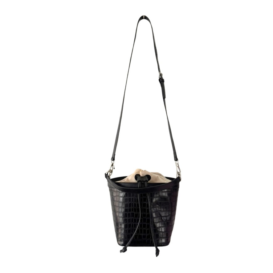 Black crocodile-patterned leather bucket bag with a strap on a white background