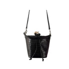 Black crocodile-patterned handbag with a strap on a white background