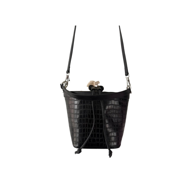 Black crocodile-patterned handbag with a strap on a white background