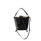 Black textured handbag with a drawstring on a white background
