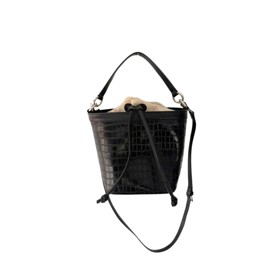 Black textured handbag with a drawstring on a white background