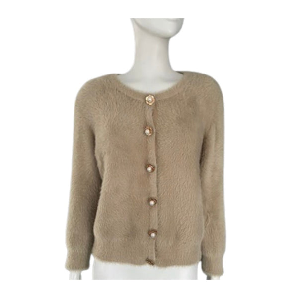 Beige cardigan on a mannequin against a white background
