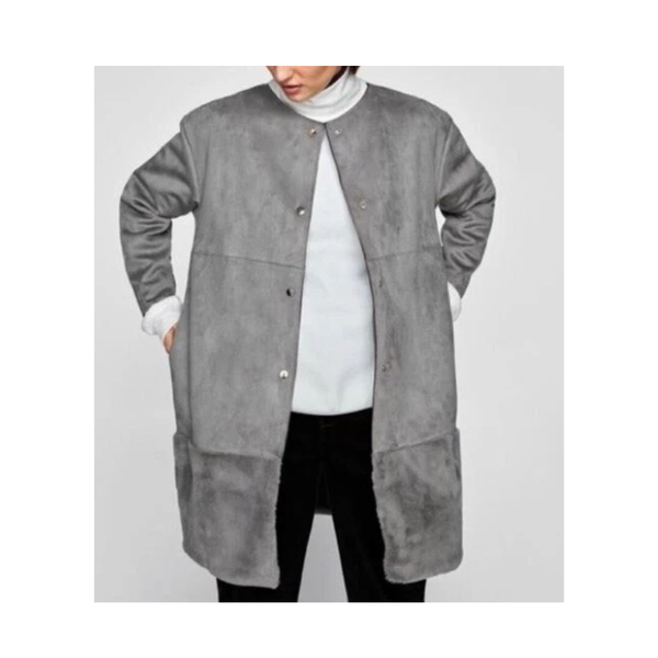 Zara Faux Suede Contrast  Fur Hem Coat Grey Size S - New