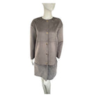 Grey suede dress on a mannequin against a white background