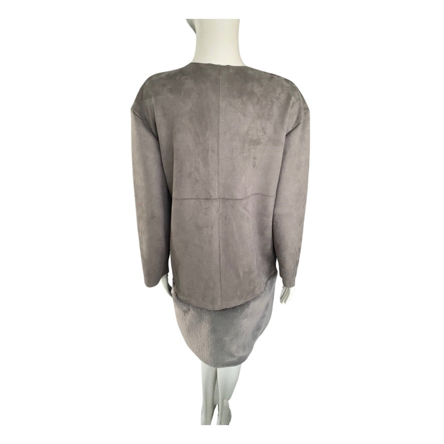 Grey suede jacket on a mannequin against a white background