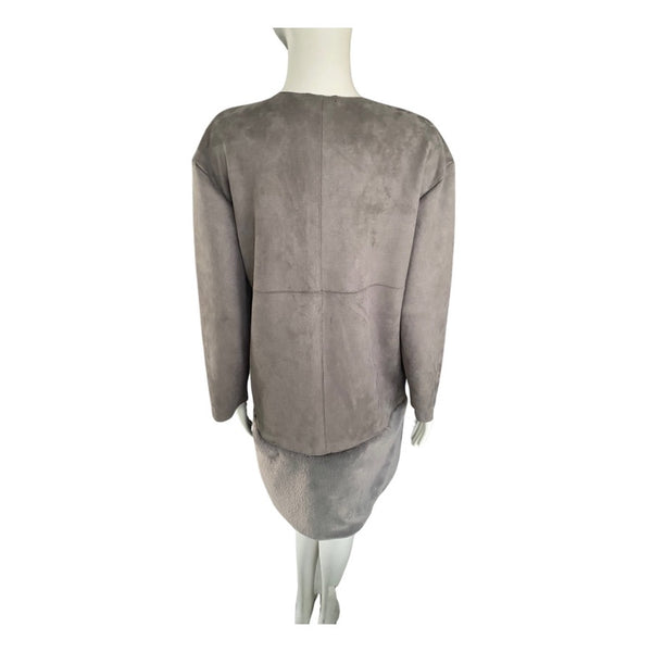 Grey suede jacket on a mannequin against a white background