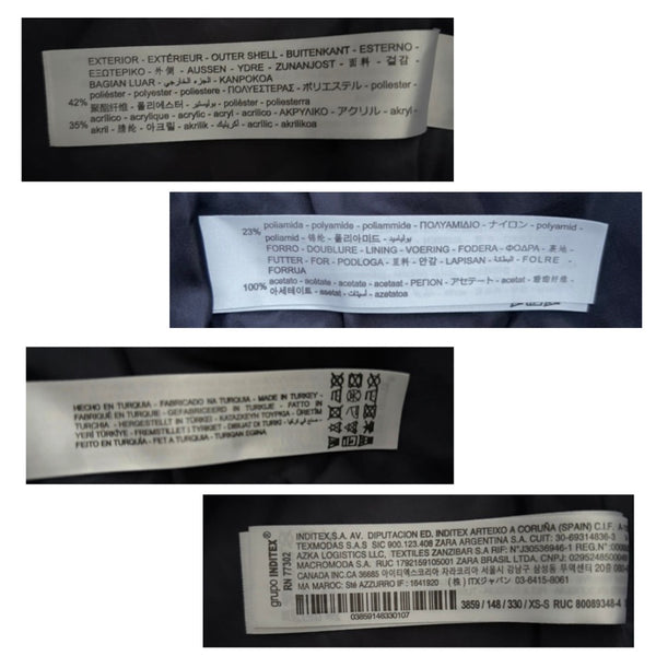 Collection of clothing labels with text and symbols on a white background