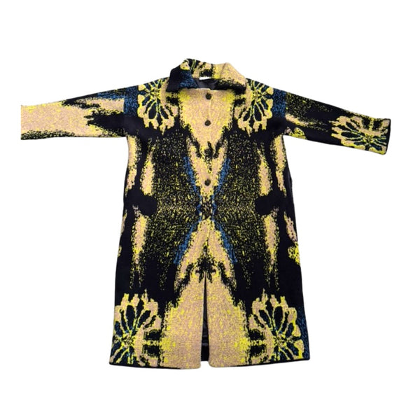 Black and yellow patterned coat on a white background