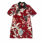 Red Zara Woman jacquard mini dress with floral print, bird appliqué, and black beaded collar, size S, laid flat.