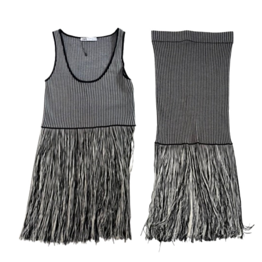 Black and white striped dress with frayed hem on a white background