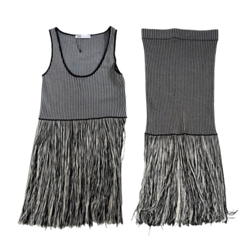 Black and white striped dress with frayed hem on a white background