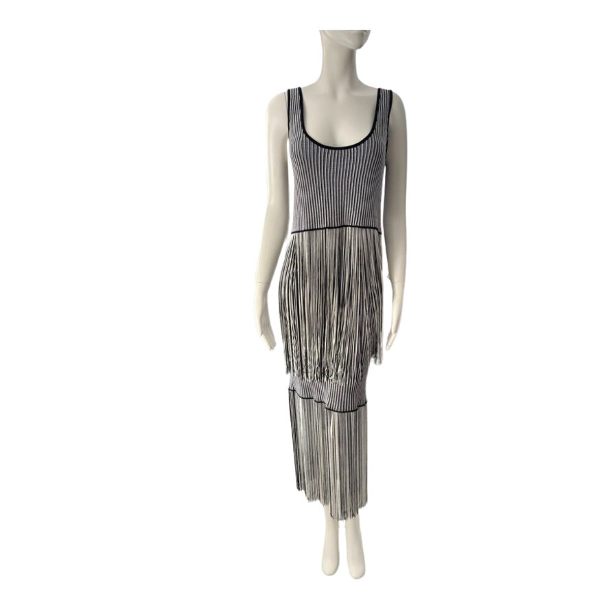 Mannequin wearing a black and white patterned dress with fringe on a white background