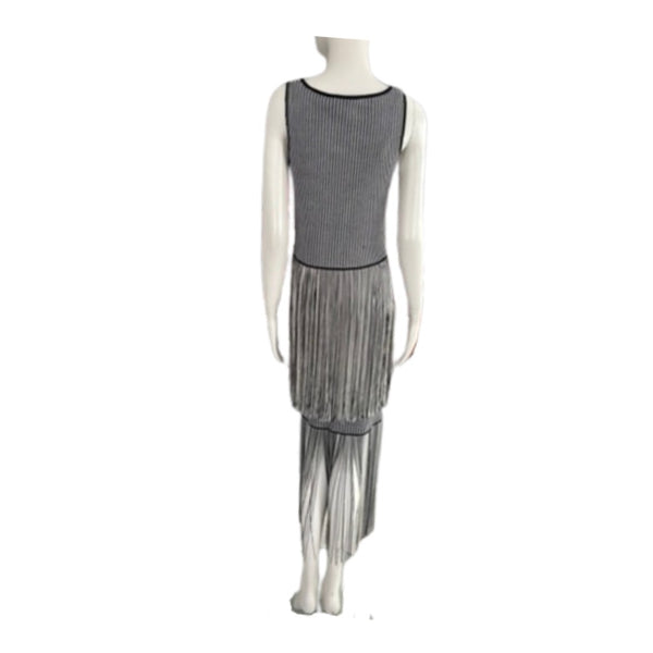 Mannequin wearing a gray dress with a pleated skirt on a white background