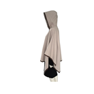 Beige hooded garment on a mannequin against a white background