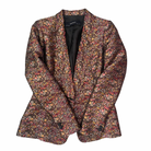 Zara Basic metallic floral brocade blazer and trousers co-ord set, size M, in rich burgundy and gold hues, laid flat.