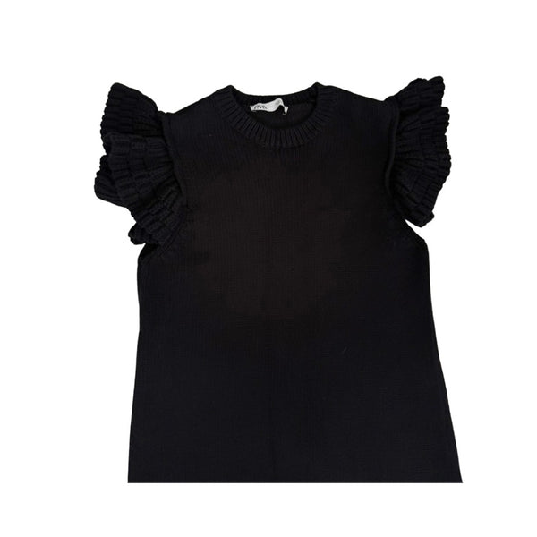 Black sweater with ruffled sleeves on a white background