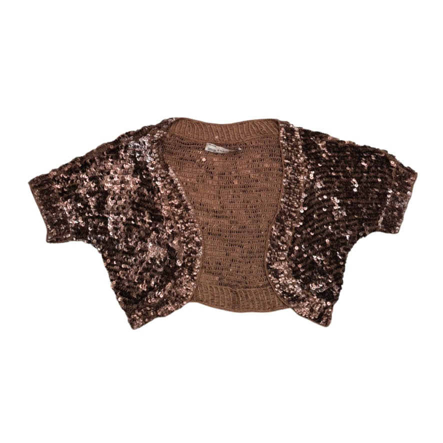 Brown knit cardigan with sequin sleeves on a white background