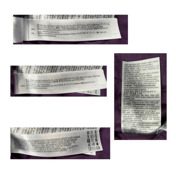 Close-up of a label with text on a purple background