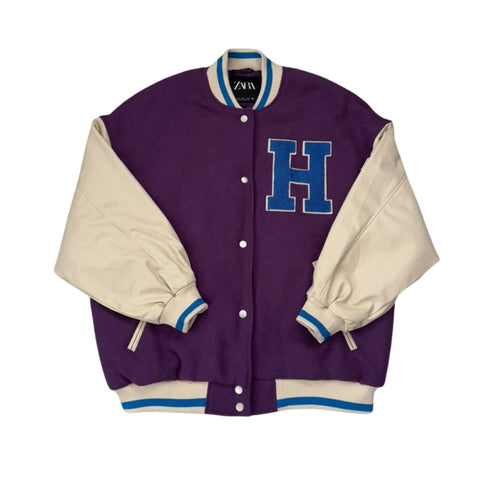 Purple varsity jacket with blue 'H' and cream sleeves on a white background