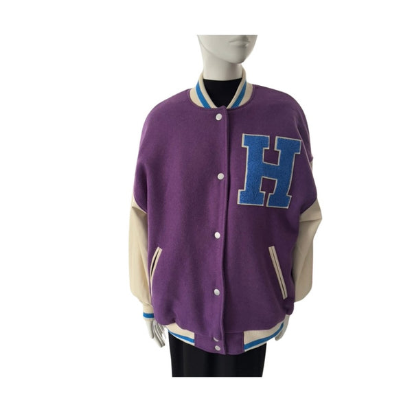 Purple varsity jacket with a blue 'H' on a mannequin against a white background