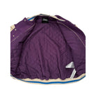 Purple quilted jacket with brand label on a white background