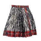 Zebra print pleated split midi skirt with a red belt and gold buckle, concealed side zip fastening, and wrap front effect.