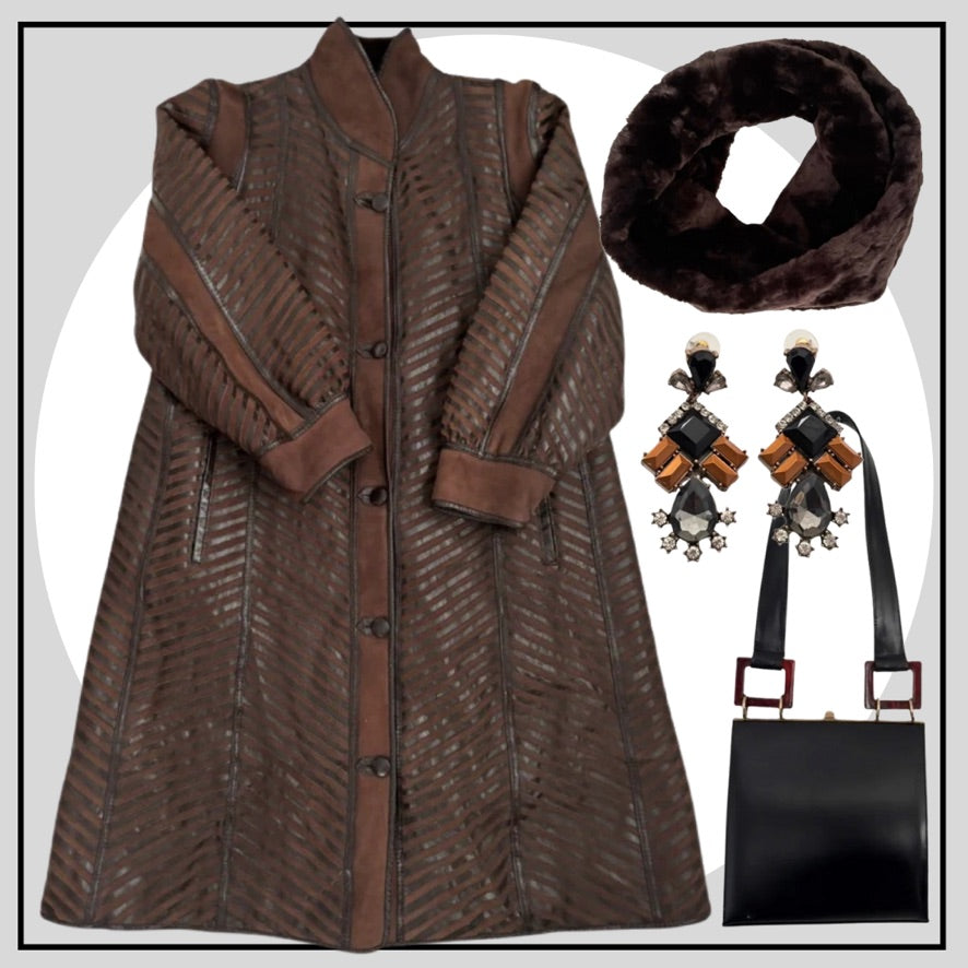 Brown textured coat with matching scarf, black handbag, and earrings on a light gray background