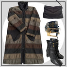 Long striped coat with matching bag, belt, and boots on a light gray background