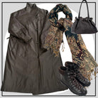 Brown leather coat, patterned scarf, black boots, and handbag on a white background